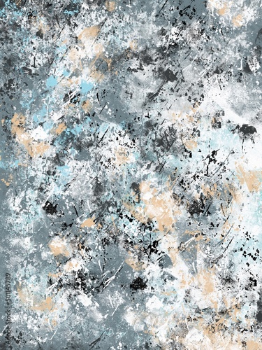 Creative expressive blue beige white paint drops and smudges in overall artistic composition. Emotional canvas of hand drawn digital background. Great as backdrop, print, cover, decoration for design.