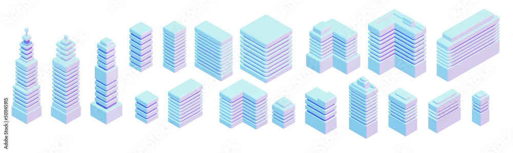 3d isometric high-rise buildings. The set is isolated on a white background. Elements of urban infrastructure, landscape, environment. Icon set, objects for map, games. - obrazy, fototapety, plakaty 