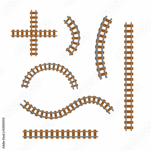 Train railway constructor rails. Railway train track isolated on white background. Vector stock