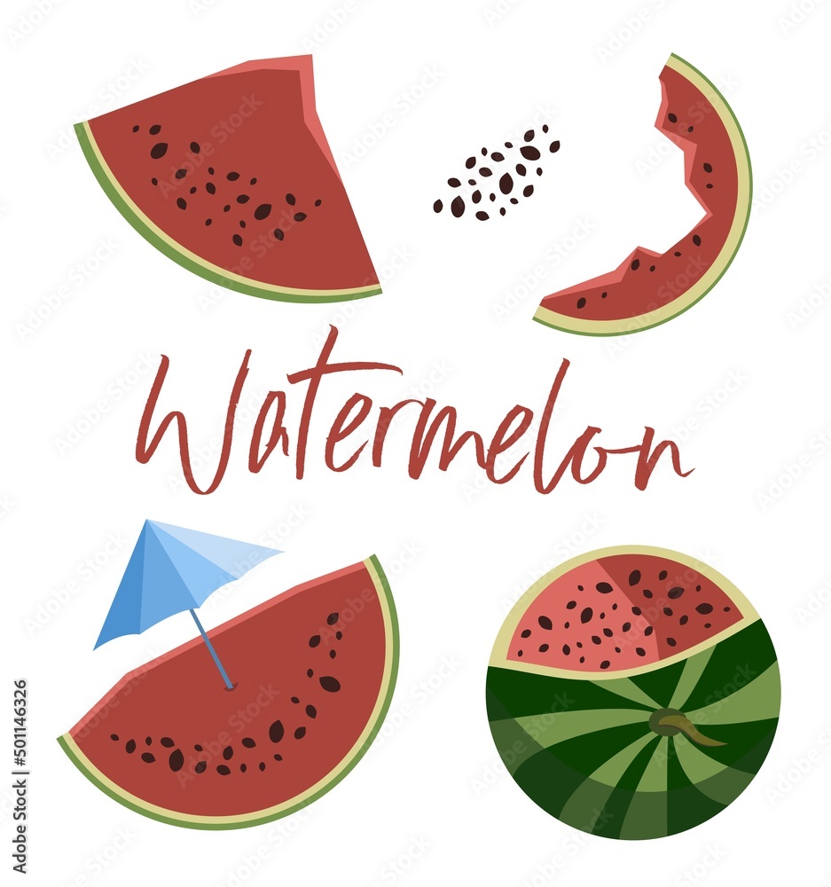 Set of watermelon fruit, chopped, whole and seeds, isolated on white background Set of watermelon fruit, chopped, whole and seeds, isolated on white background