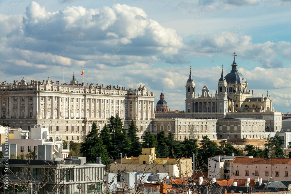 View of the Palacio Real (Royal Palace) and the Almudena Cathedral in Madird, Spain