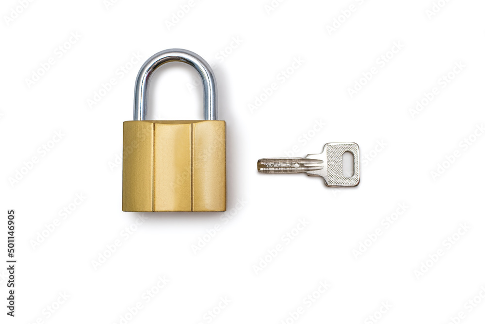 Padlock with a key on a white background, top view. A gold-colored lock with a silver key on a uniform blue background. The concept of protection and security in the form of a lock and key Padlock with a key on a white background, top view. A gold-colored lock with a silver key on a uniform blue background. The concept of protection and security in the form of a lock and key