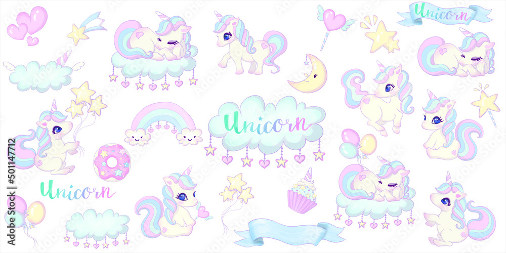 Cute unicorn set. Illustration of sweets, rainbow, frame, balloon, star and magic fantasy design with white background. Cute unicorn set. Illustration of sweets, rainbow, frame, balloon, star and magic fantasy design with white background.
