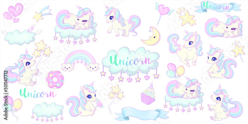 Cute unicorn set. Illustration of sweets, rainbow, frame, balloon, star and magic fantasy design with white background. © Mimi Art Smile