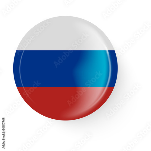 Round flag of Russia. Pin button. Pin brooch icon, sticker.