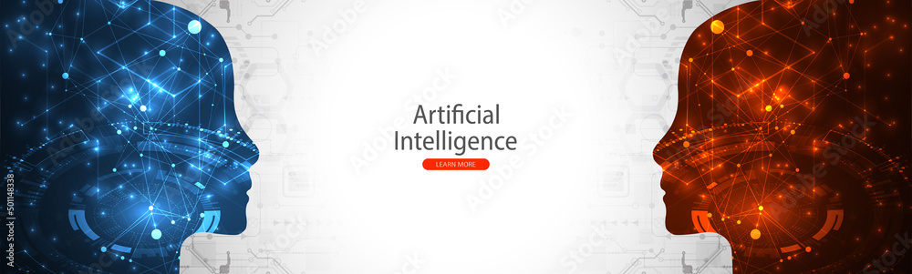 Artificial Intelligence. Technical background with a silhouette of a man. Big data concept. Machine cyber mind.
