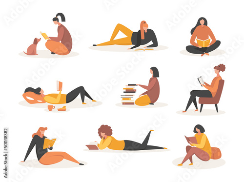 Set of book lovers, readers, literature lovers isolated on white background. Flat vector illustration.