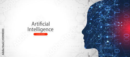 Artificial Intelligence. Technical background with a silhouette of a man. Big data concept. Machine cyber mind.