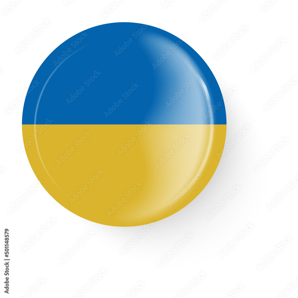 Round flag of Ukraine. Pin button. Pin brooch icon, sticker.