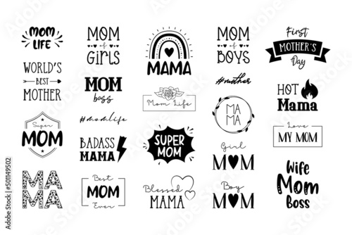 Mother's Day collection. Mom life quotes set, typography design for t-shirt, card, mug or poster. Vector illustration isolated on white.