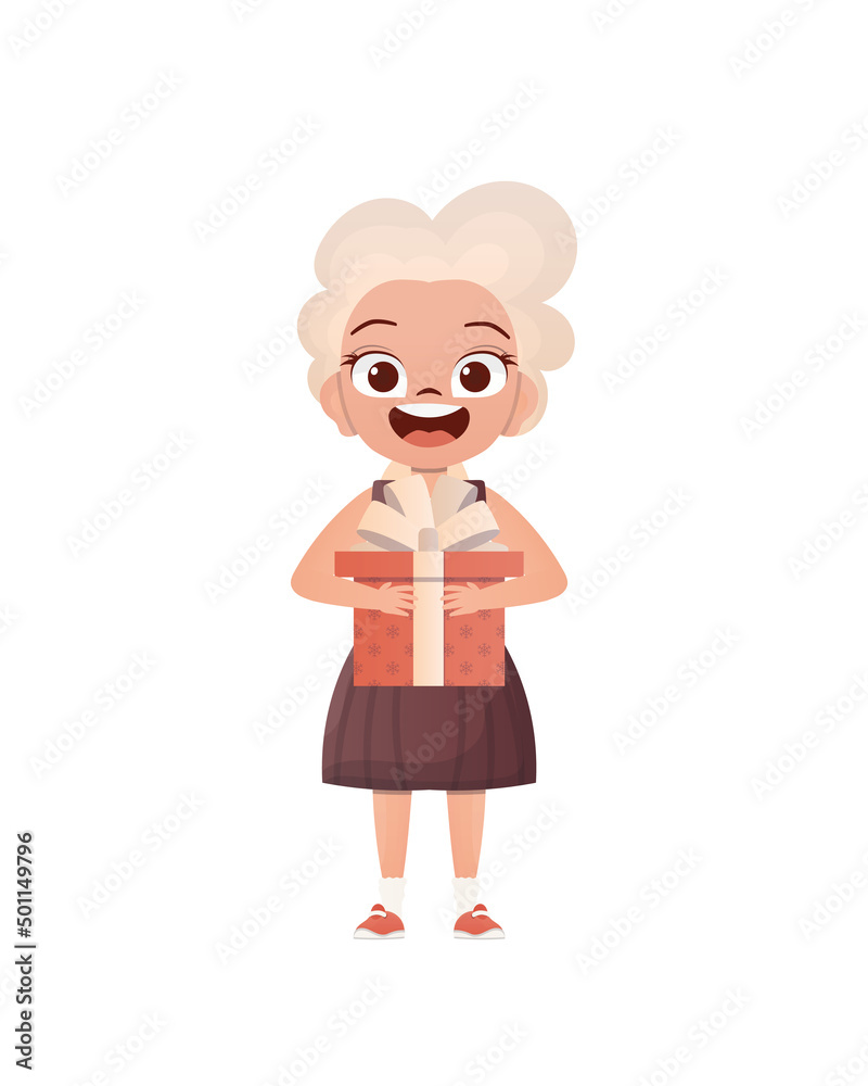 Smiling cute preschool girl holding a gift in her hands. Isolated on white background. Cartoon style. Smiling cute preschool girl holding a gift in her hands. Isolated on white background. Cartoon style.