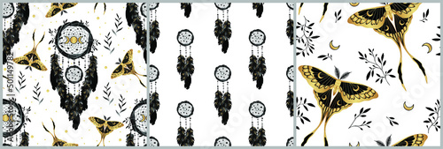 Set of seamless pattern with black dreamcatcher with feathers, moon moth and herbs. Ethnic design, mystic tribal symbol. 