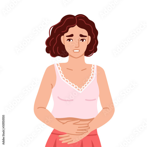 Woman, suffering from acute abdominal pain, diarrhea, bloating, holds her stomach. Painful menstruation. Hand drawn character. Vector flat illustration