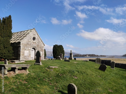 Kirkgate Church & Cemetery, Loch Leven, Kinross, Perth & Kinross, Scotland (with Loch Leven Castle in background)