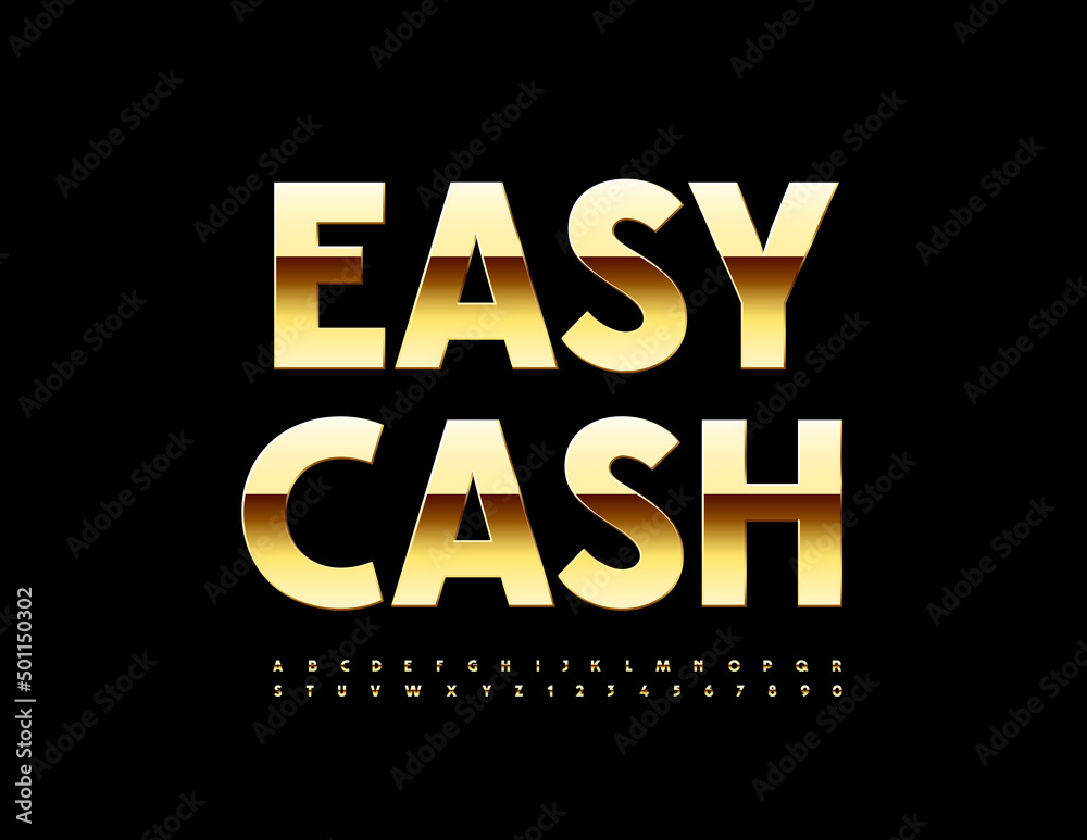 Vector promo banner Easy Cash. Glossy premium Font. Gold elegant Alphabet Letters and Numbers set Vector promo banner Easy Cash. Glossy premium Font. Gold elegant Alphabet Letters and Numbers set