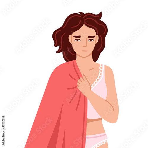 Tired exhausted woman holding blanket, suffering from insomnia, drowsiness. Sleepy hand drawn character. Low energy. Vector flat isolated illustration