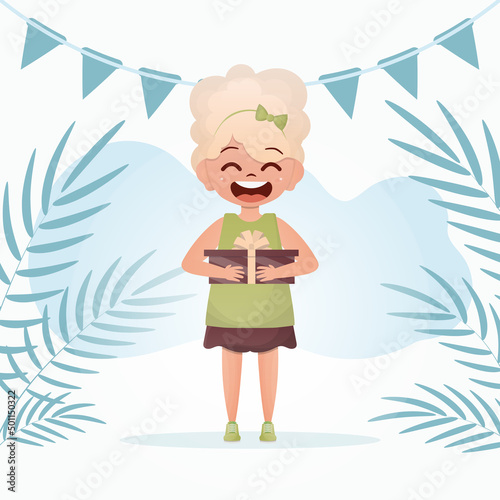 A little girl with a smile is depicted in full growth, standing in a room and holding a gift box in her hands. Birthday. Cartoon style.