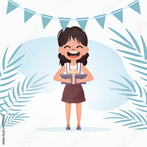 A little girl with a smile is depicted in full growth, standing in a room and holding a gift in her hands. Holiday. Cartoon style.