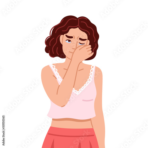 Sad crying woman wipes away tears. Depressed unhappy upset girl. Hand drawn cartoon character. Vector flat isolated illustration