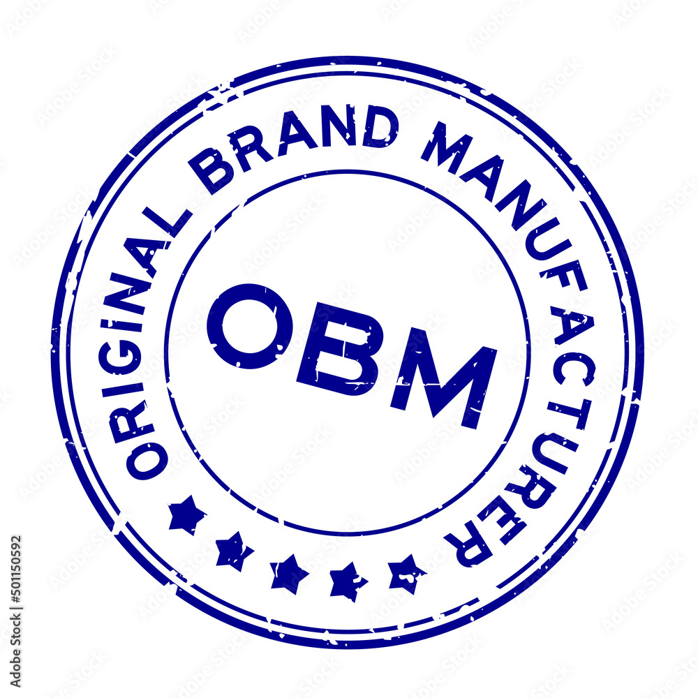 Grunge blue OBM Original Brand Manufacturer word round rubber seal stamp on white background