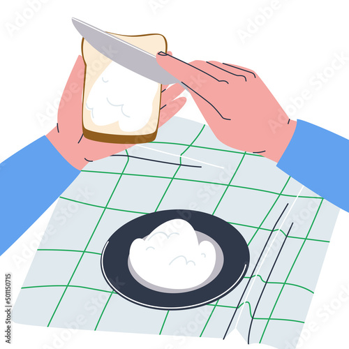 Toast with butter. Spread cream cheese on bread. Make toast with cream. Flat vector illustration. Eps10