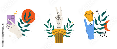 Classic plaster statue. Pedestal gesture, selfie, hands and tongue. Trendy flat vector illustration. Eps10