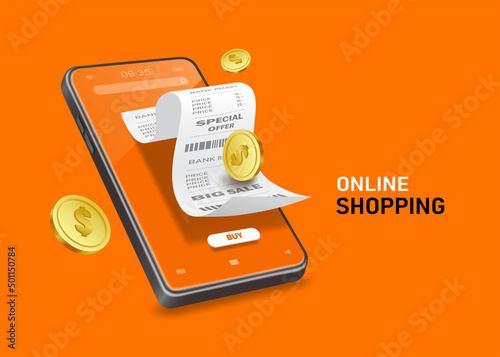Receipt paper and one dollar coin on smartphone screen and there were many coins floating around in the air for financial and online shopping concept design,vector 3d islated virtual for advertising