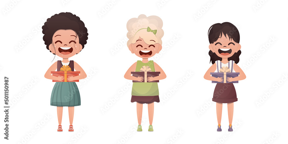 Set of little girls holding a gift box in their hands. Isolated on white background. Flat style. Set of little girls holding a gift box in their hands. Isolated on white background. Flat style.