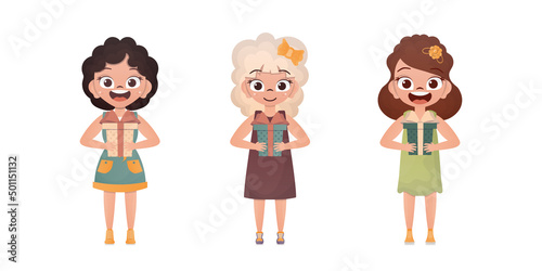 A set of little girls are holding a gift in their hands. Isolated on white background. Cartoon style.