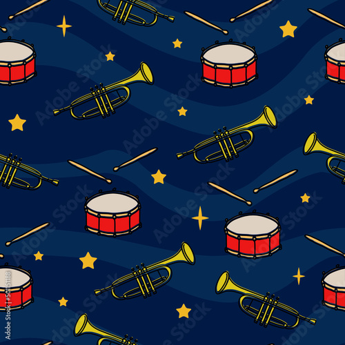 Vector seamless pattern with trumpets, drums and stars on deep blue background. Hand drawn vector illustration. Good for fabric print, wrapping paper, wallpapers, cards.