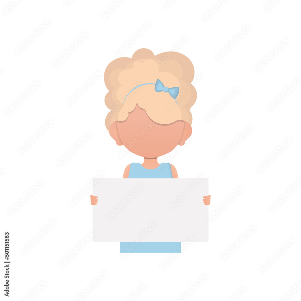 A small child girl holds an empty piece of paper in her hands. Isolated on white background. Cartoon style. A small child girl holds an empty piece of paper in her hands. Isolated on white background. Cartoon style.