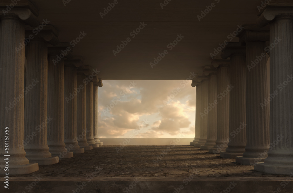 3d rendering of a wide hall with ionic columns and view to beautiful sea - obrazy, fototapety, plakaty 
