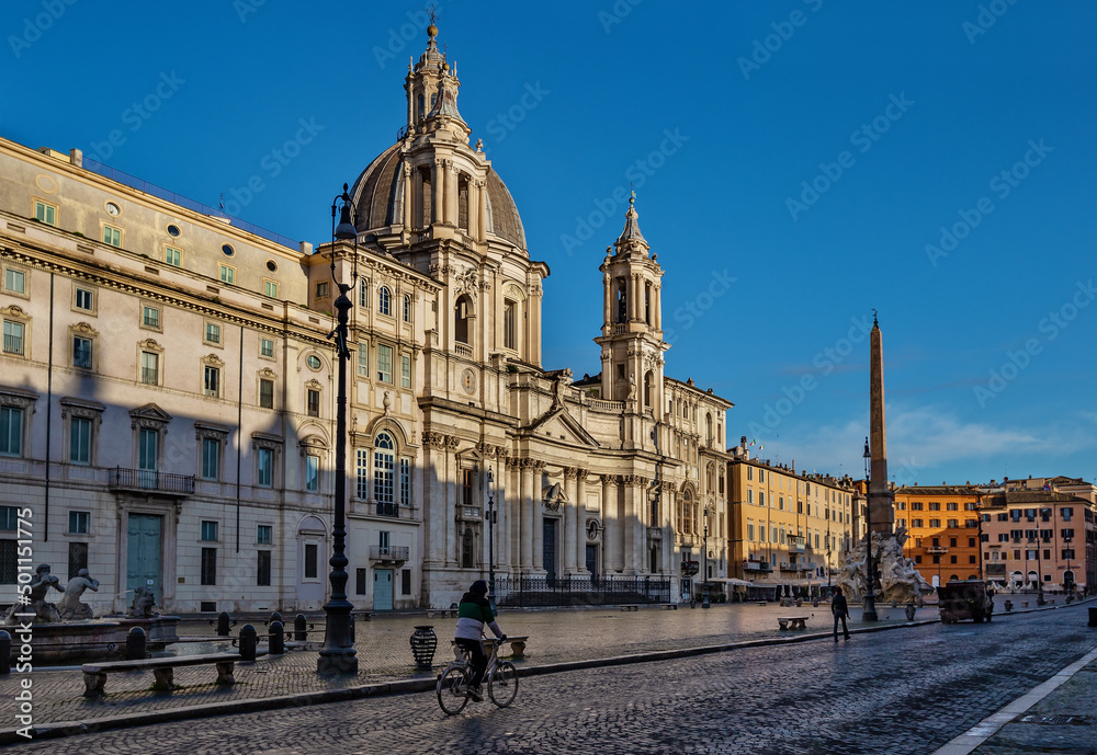 Piazza Navona and Church of Saint Agnes at the Circus Agonalis in morning time. Rome, Italy