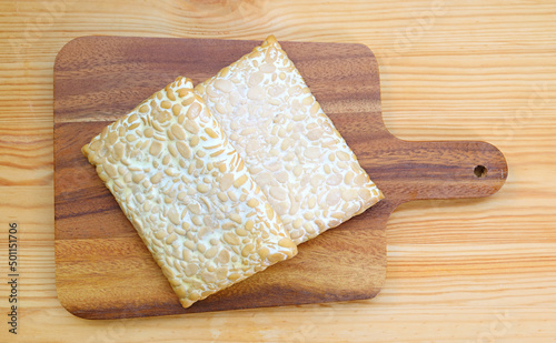 Top View a Pair of Fresh Tempeh for the Concept of Whole Foods Plant-based Diet photo