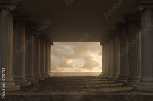 3d rendering of a wide hall with ionic columns and view to beautiful sea photo