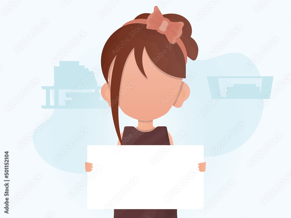 A little girl is holding a blank sheet in her hands. Place for announcement. Flat style. A little girl is holding a blank sheet in her hands. Place for announcement. Flat style.