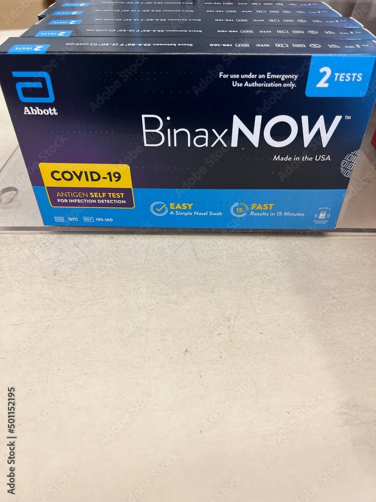 BinaxNow Covid19 Rapid Antigen Tests sold at a Walgreens store. Stock
