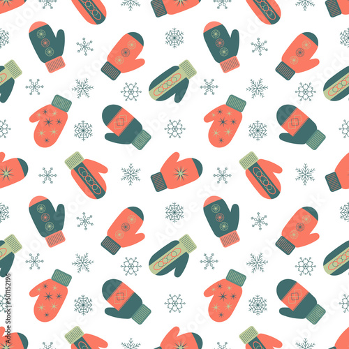 Seamless pattern with mittens and snowflakes. Vector color illustration on the white background.