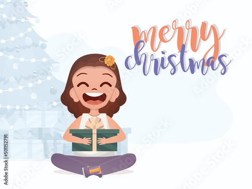 A little girl is holding a gift box. New Year concept. Flat style.