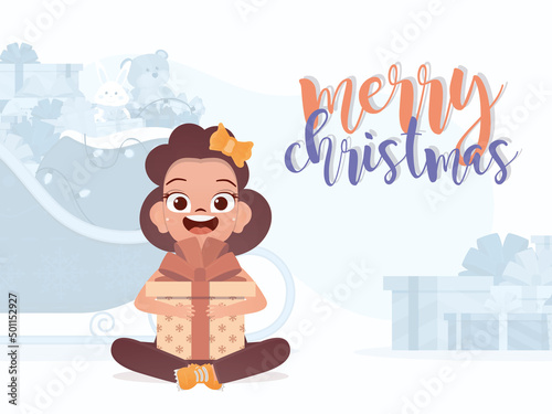 A little girl is holding a gift box in her hands. New Year concept. Cartoon style.