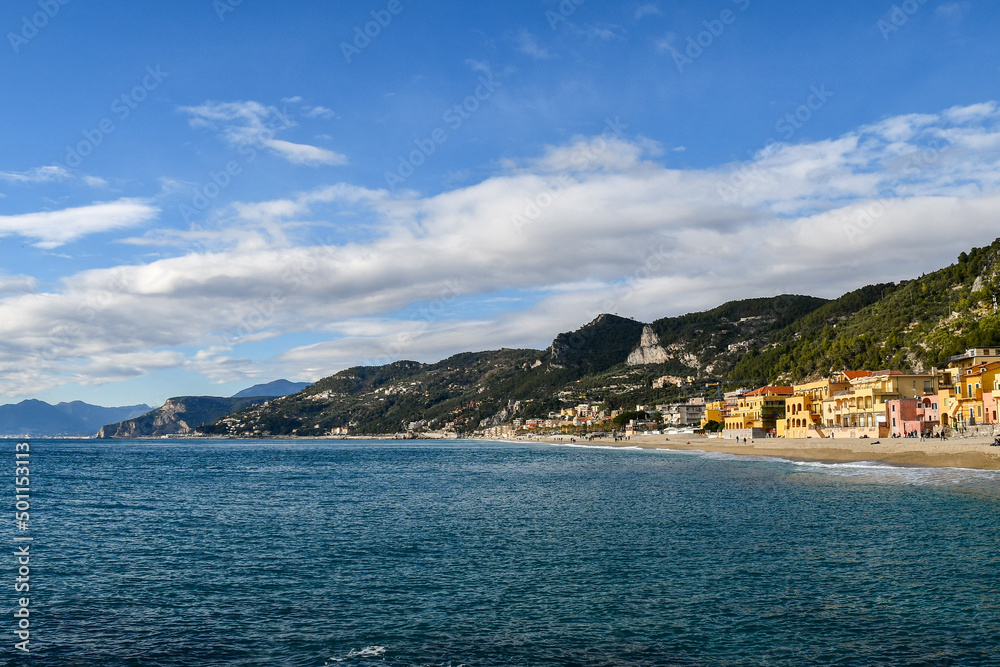 Scenic view from the sea of the old fishing village, popular tourist destination in the Italian Riviera, Varigotti, Savona, Liguria, Italy