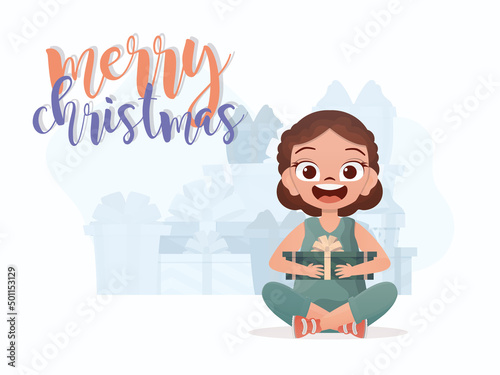 A little girl is holding a gift in her hands. New Year concept. Flat style