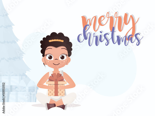 A little girl is holding a gift box in her hands. Merry christmas banner. Cartoon style.