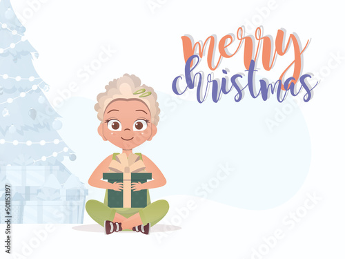A little girl is holding a gift in her hands. New Year concept. Cartoon style.