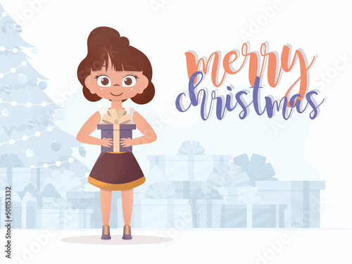 A little girl is holding a gift in her hands. Merry christmas postcard. Flat style.