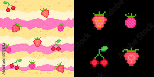 Pixel art pinkberry parfait strawberry, cherry, raspberry cake dessert illustration photo
