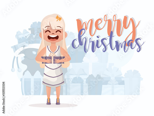A little girl is holding a gift in her hands. New Year banner. Flat style.