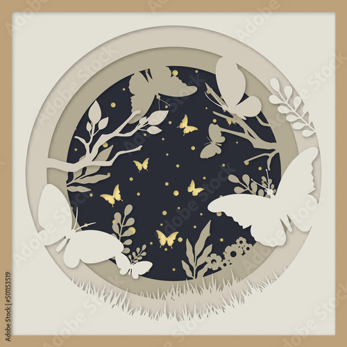 Layered paper cut Flowers and Butterflies. Paper cut out design. Shadow box style. 3D design. 