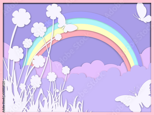 Layered paper cut Flowers and rainbow. Paper cut out design. Shadow box style