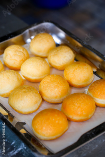 A round Japanese homemade doughnut or Bomboloni, sweet bakery fried with hot oil.